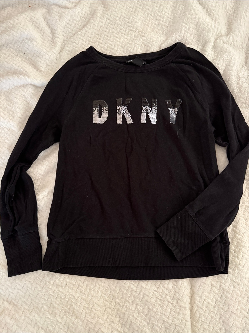 DKNY Black Crewneck Sweater with Distressed Logo
